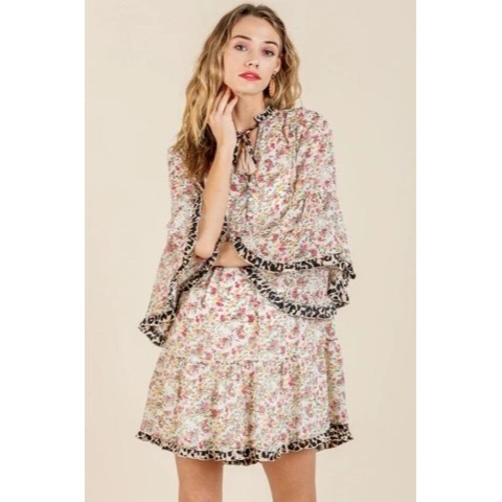 Floral Tiered Mini Dress with Contrast Trim - Pink